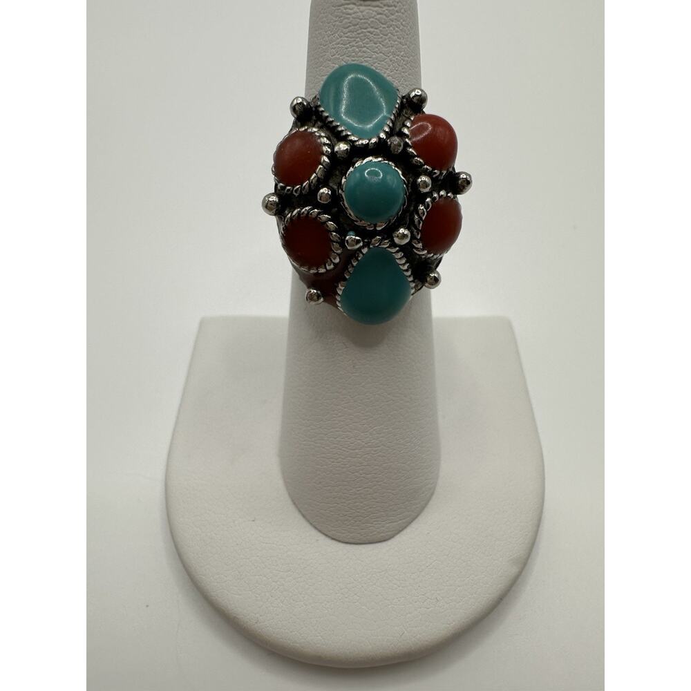 Signed UNCAS Silver Tone Enamel Faux Turquoise And Coral Adjustable Ring